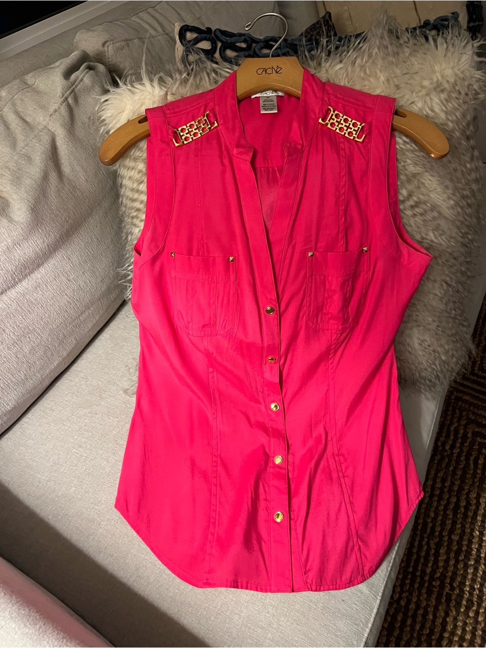Cache Bright Pink Sleeveless Button-Front Blouse with Gold Trim